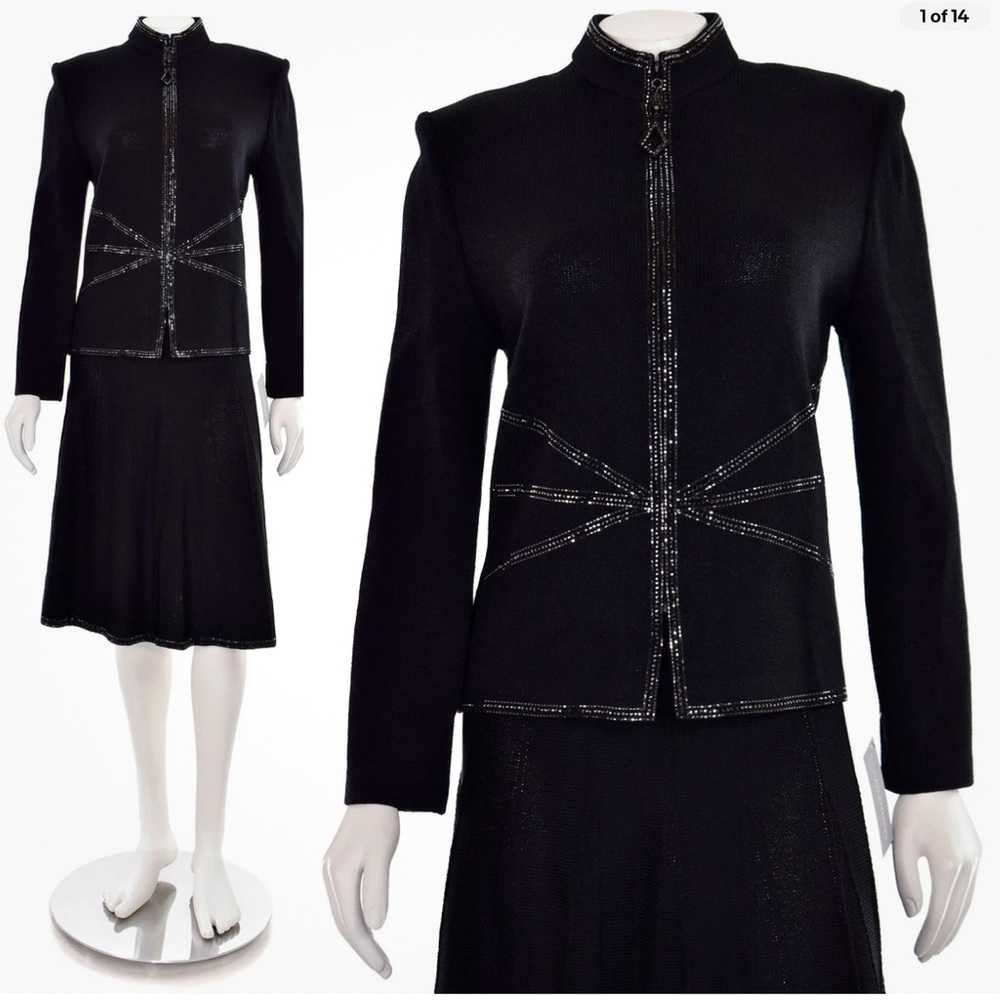 ST. JOHN EVENING 2 Pc Black/Silver Starburst Set /Jacket size 10 Skirt Size 14